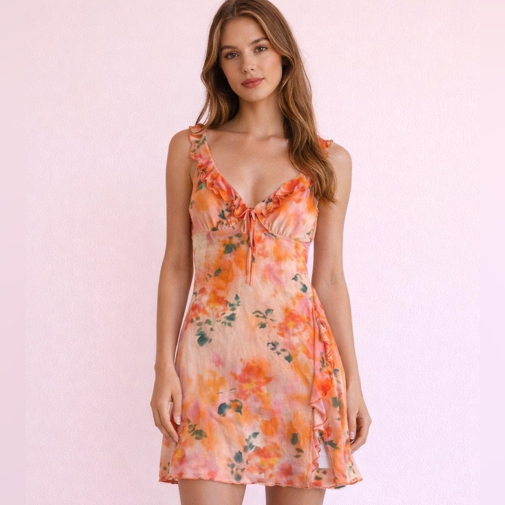 Pastel orange floral summer short dress Y2K 13 going on 30